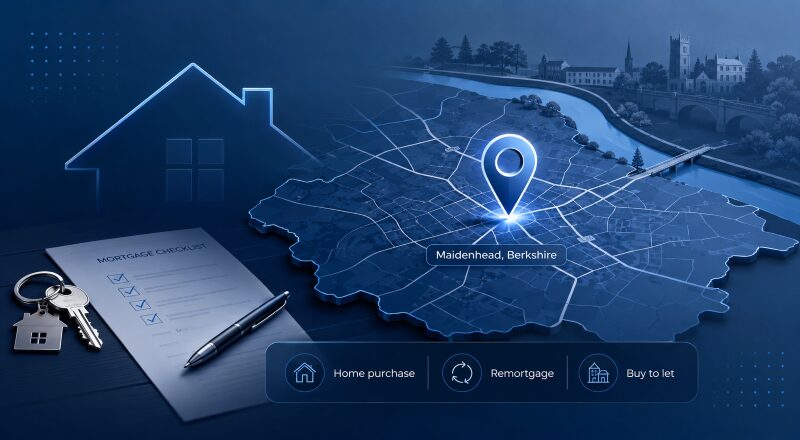 Mortgage Broker Maidenhead location map with property, mortgage checklist and home finance icons in branded blue tones.