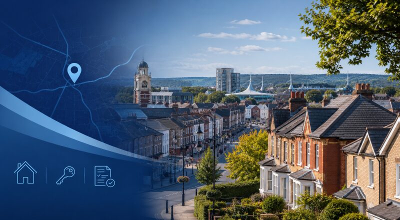 Mortgage Broker in Aldershot with local townscape, homes, location pin, key and mortgage document icons.