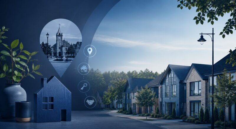 Mortgage Broker in Bordon location guide with modern homes, property icons and a local map marker in Connect blue branding.