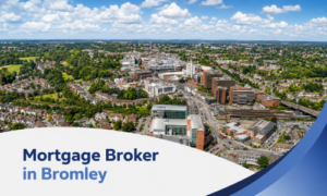 Promotional banner showing an aerial summer view of Bromley under a bright blue sky with realistic white clouds, with curved blue graphic accents and the text “Mortgage Broker in Bromley”.