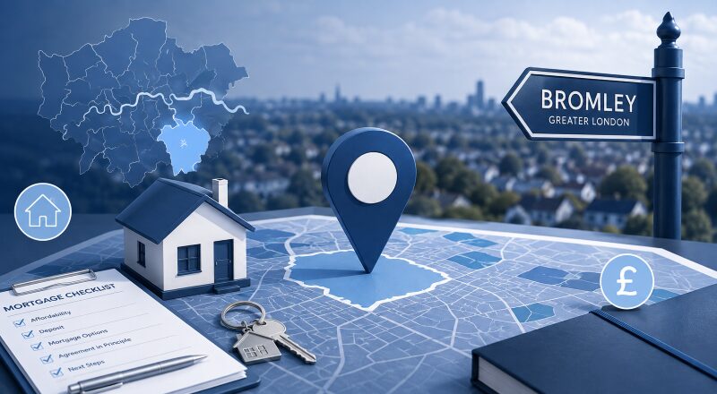 Mortgage Broker in Bromley BR1 location map with house, property keys and mortgage planning icons.