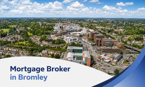 Promotional banner showing an aerial summer view of Bromley under a bright blue sky with realistic white clouds, with curved blue graphic accents and the text “Mortgage Broker in Bromley”.