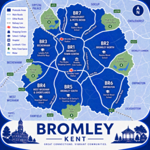 A square, blue-themed postcode map of Bromley in Kent, styled with curved branded borders. The map highlights postcode areas BR1, BR2, BR3, BR4, BR5, BR6, and BR7. Bromley town centre (BR1) is marked at the centre, with Bromley South and Bromley North stations indicated. Major roads such as the A21, A222, A232, A224, and A20 are labelled, along with key routes like London Road and Widmore Road. Surrounding areas including Beckenham (BR3), West Wickham (BR4), Orpington (BR6), and Chislehurst (BR7) are clearly marked. Landmarks such as The Glades Shopping Centre, Bromley Civic Centre, and local schools are shown. Green spaces including Crystal Palace Park, High Elms Country Park, Jubilee Country Park, Norman Park, and Kelsey Park are highlighted in green. The design uses layered blue tones with white text and clean boundary lines for clarity.