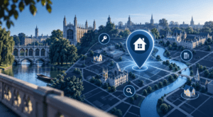 Mortgage Broker in Cambridge location map with Cambridge architecture, homes and mortgage search icons in dark blue and light blue branding