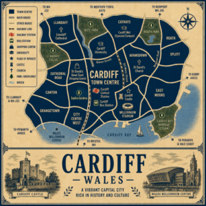 Vintage illustrated map poster of Cardiff, Wales, with a cream parchment background and dark navy neighbourhood areas centred on Cardiff Town Centre. The map shows labelled roads, railway line, Cardiff Central Station, Cardiff Bus Station, shopping areas, universities, churches, parks, green spaces and Cardiff Bay. Surrounding areas include Llandaff, Cathays, Roath, Splott, Adamsdown, Canton, Grangetown, City Centre West and East Moors. Key landmarks include Cardiff Castle, Millennium Stadium, St David’s Dewi Sant Shopping Centre, Cardiff University, Cardiff Met, Llandaff Cathedral, Bute Park, Roath Park, Sophia Gardens, Wales Millennium Centre and Cardiff Bay Barrage. A decorative lower panel reads “CARDIFF, WALES” with engraved-style illustrations of Cardiff Castle and Wales Millennium Centre, plus the subtitle “A vibrant capital city rich in history and culture.”