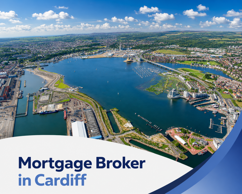 Bright summer aerial view of Cardiff Bay with blue water, marinas, waterfront buildings, bridges and green hills under realistic clouds, with branded blue and white graphics reading “Mortgage Broker in Cardiff”.
