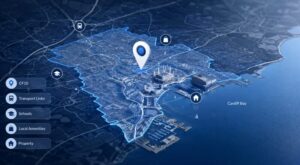 Mortgage Broker in Cardiff location map highlighting CF10, Cardiff Bay, transport links, schools, local amenities and property areas.
