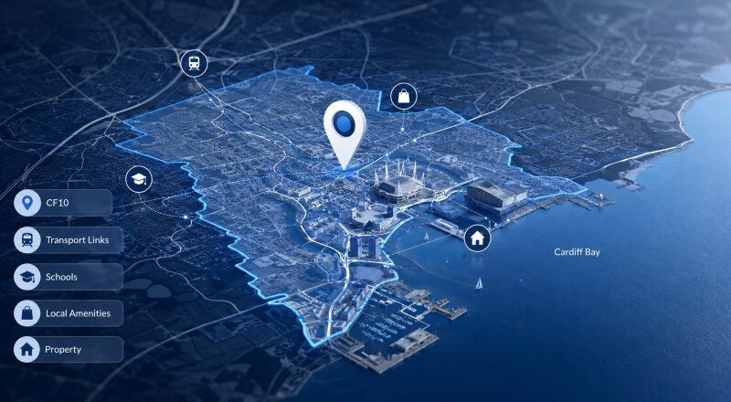 Mortgage Broker in Cardiff location map highlighting CF10, Cardiff Bay, transport links, schools, local amenities and property areas.