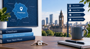 Mortgage Broker in Cheetham hero image showing a stylised Cheetham map, Greater Manchester skyline, location signposts, house keys and a modern desk scene in dark and light blue tones.