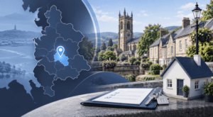 Mortgage Broker in Chorley with Lancashire location map, house model, keys and mortgage documents