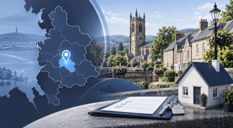 Mortgage Broker in Chorley with Lancashire location map, house model, keys and mortgage documents