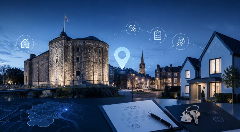 Mortgage Broker in Colchester with Colchester Castle, local homes, mortgage documents, keys and property icons.