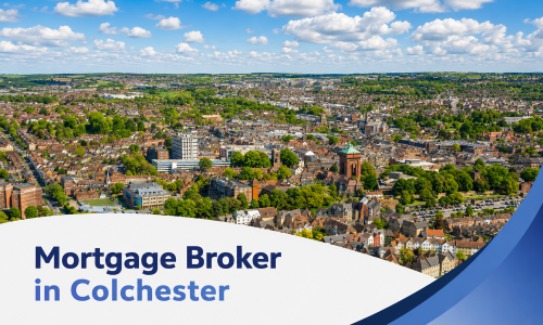 Promotional banner showing a bright summer aerial view of Colchester with dense housing, town buildings, and lush green trees beneath a blue sky filled with realistic white clouds. A white curved banner overlays the bottom left with the title “Mortgage Broker in Colchester” in two shades of blue, while layered blue swooshes frame the lower right corner.