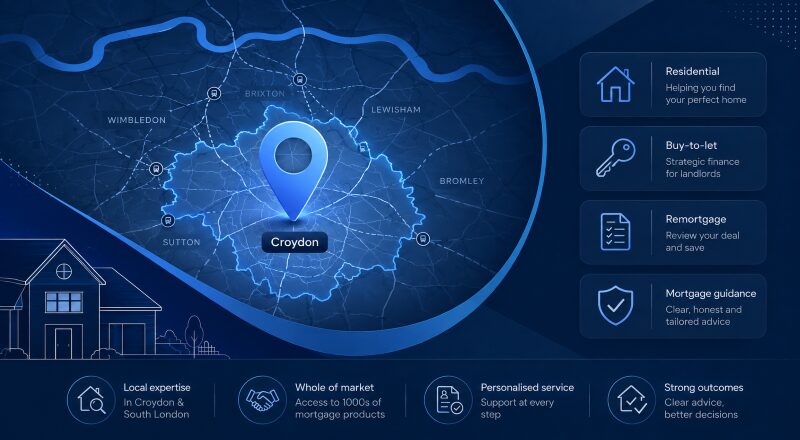 Mortgage Broker in Croydon location map with home finance and mortgage service icons.