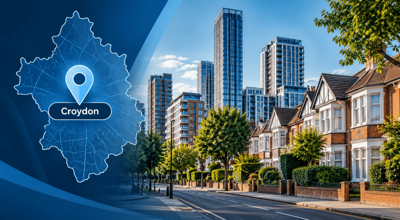 Mortgage Broker in Croydon location map with Croydon pin, modern flats and residential homes.