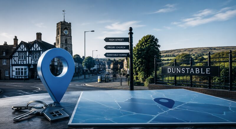 Mortgage Broker in Dunstable location image featuring Dunstable town centre, local landmarks, a map pin and house keys.