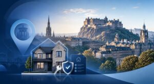 Mortgage Broker in Edinburgh with Edinburgh Castle, city skyline, house, key and mortgage approval icons.