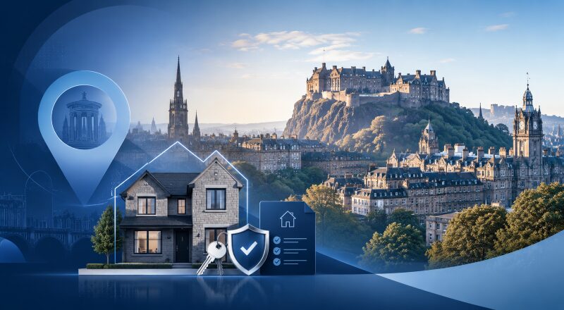 Mortgage Broker in Edinburgh with Edinburgh Castle, city skyline, house, key and mortgage approval icons.