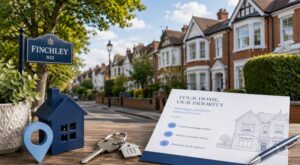 Mortgage Broker in Finchley location hero image featuring a leafy residential street, Finchley sign, house keys and blue home-buying icons.