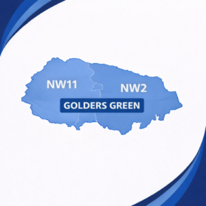map in blue tones showing Golders Green with postcode areas NW11 and NW2. The two postcode districts are divided by a white internal boundary and outlined with a darker blue outer edge, each labelled in white text. The words “Golders Green” appear prominently across the centre of the map. The background features curved layered blue branding elements in the corners, with no surrounding towns or additional geographic detail shown.