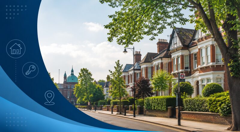 Mortgage Broker in Golders Green hero image showing a leafy residential street, period homes and subtle house, key and location icons.