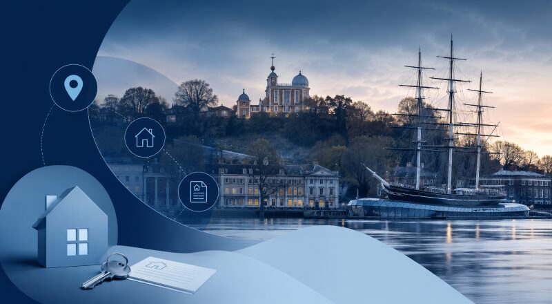 Mortgage Broker in Greenwich with local landmarks, house, keys and mortgage document icons