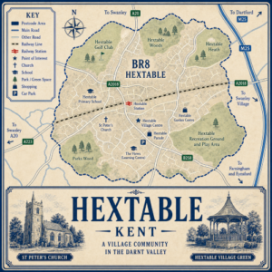 Illustrated blue and cream vintage-style map poster of Hextable, Kent, showing the BR8 Hextable area with local roads, railway line, Hextable station, car parks, shopping areas, schools, churches, and surrounding directions to Swanley, Dartford, Farningham and Eynsford. The map highlights Hextable Village Centre, Hextable Parade, Hextable Primary School, The Views Learning Centre, St Peter’s Church, Hextable Garden Centre, Hextable Golf Club, Hextable Woods, Hextable Heath, Parks Wood, and Hextable Recreation Ground and Play Area. A large title panel at the bottom reads “HEXTABLE KENT” with decorative illustrations of St Peter’s Church and Hextable Village Green.