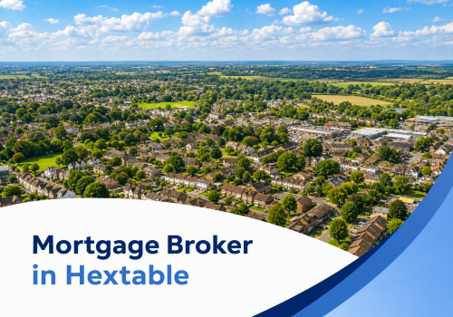 Promotional banner showing a bright summer aerial view of Hextable with leafy suburban streets and surrounding greenery beneath realistic clouds, with a clean white and blue curved lower panel featuring the two-tone title “Mortgage Broker in Hextable.”