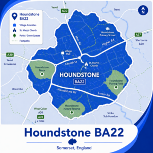 A square, blue-themed postcode map of Houndstone in Somerset, styled with curved branded borders. The map highlights postcode area BA22. Key roads such as the A30, A37, and local routes including Houndstone Road, Higher Road, and Lower Road are labelled. Houndstone village centre is marked near the middle, with landmarks such as St Mary’s Church, the village hall, and Houndstone Primary School indicated. Nearby areas including Yeovil, Odcombe, West Coker, and Stoke Sub Hamdon are labelled. Green spaces such as Houndstone Moor, Houndstone Nature Reserve, and Houndstone Playing Field are shown in green. The design uses layered blue tones with white text and clean boundary lines for clarity.