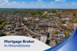 A bright, high-resolution aerial view of Houndstone on a clear summer’s day, showing a mix of residential streets, town centre buildings, and surrounding greenery under a vivid blue sky with realistic scattered clouds. A clean curved white and blue banner overlays the bottom with the text Mortgage Broker in Houndstone