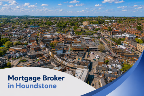 A bright, high-resolution aerial view of Houndstone on a clear summer’s day, showing a mix of residential streets, town centre buildings, and surrounding greenery under a vivid blue sky with realistic scattered clouds. A clean curved white and blue banner overlays the bottom with the text Mortgage Broker in Houndstone