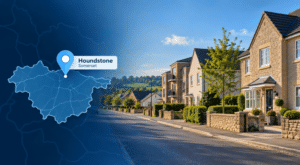 Mortgage Broker in Houndstone with Somerset map, location pin and residential street scene.