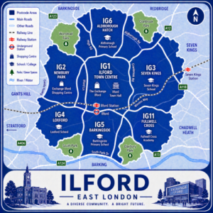 A square, blue-themed postcode map of Ilford in East London, styled with curved branded borders. The map highlights postcode areas IG1, IG2, IG3, IG4, IG5, IG6, and IG11. Major roads such as the A12, A118, A123, A124, and A406 are labelled. Ilford town centre (IG1) is marked near the middle, with Ilford Station and Underground connections indicated. Key landmarks such as Exchange Ilford shopping centre, Ilford Town Hall, and local schools are shown. Nearby areas including Barking, Seven Kings, Gants Hill, Chadwell Heath, and Redbridge are labelled. Green spaces such as Valentines Park, Wanstead Flats, South Park, Claybury Park, and Cranbrook Park are shown in green, with the River Roding running along the southern edge. The design uses layered blue tones with white text and clean boundary lines for clarity.