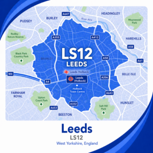 A square, blue-themed postcode map of Leeds focusing on LS12, styled with curved branded borders. The map highlights postcode area LS12. Major roads such as the A58, A643, A647, and A6110 are labelled. Leeds Holbeck area is marked near the centre, with the River Aire running along the northern section. Nearby areas such as Bramley, Beeston, Hunslet, and Headingley are labelled, with green spaces like Rodley Nature Reserve and nearby parks shown. The design uses layered blue tones with white text and clean boundary lines for clarity.
