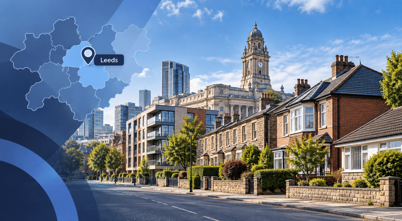 Mortgage Broker in Leeds hero image featuring a Leeds location map and pin, mixed residential property types, and a recognisable Leeds city backdrop.