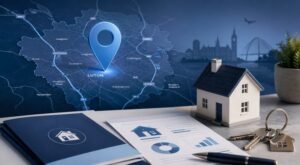 Mortgage Broker in Luton location map with property model, house keys and mortgage documents in blue tones.
