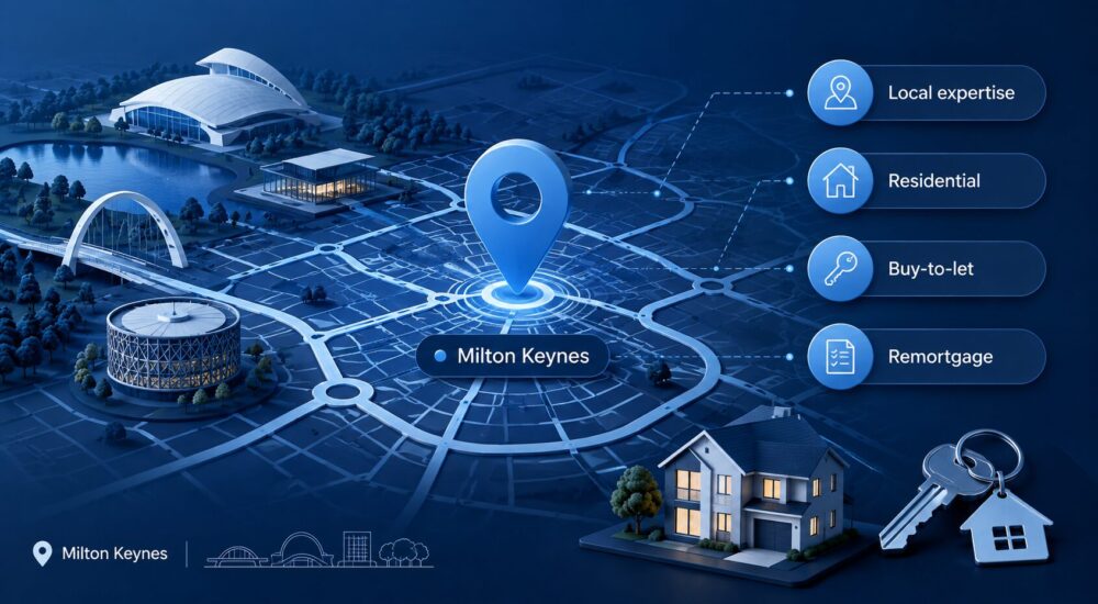 Mortgage Broker in Milton Keynes location map with property, key and mortgage service icons.