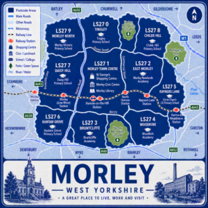 A square, blue-themed postcode map of Morley in West Yorkshire, styled with curved branded borders. The map highlights postcode area LS27, including subdivisions such as LS27 0 (Tingley), LS27 1 (Morley town centre), LS27 2 (East Morley), LS27 3 (Bruntcliffe), LS27 4 (Woodkirk), LS27 5, LS27 6 (Bantam Grove), LS27 7 (Daisy Hill), LS27 8, and LS27 9 (Morley North). Major roads such as the M62, M1, A650, A643, A653, and A638 are labelled. Morley town centre is marked near the middle, with Morley Station and nearby rail links indicated. Key landmarks such as St George’s Shopping Centre, Morley Civic Centre, Morley Library, and local schools are shown. Nearby areas including Leeds, Batley, Dewsbury, Tingley, and Gildersome are labelled. Green spaces such as Dartmouth Park, Scatcherd Park, and local recreation grounds are shown in green, with the River Calder nearby. The design uses layered blue tones with white text and clean boundary lines for clarity.