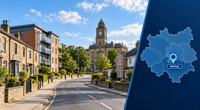 Mortgage Broker in Morley hero image showing a West Yorkshire street with traditional stone homes and modern flats, Morley Town Hall in the background, and a location map with a Morley pin.