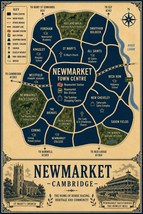 Vintage illustrated map poster of Newmarket, with a cream parchment background and dark navy neighbourhood areas centred on Newmarket Town Centre. The map shows labelled roads, railway line, Newmarket Station, bus station, shopping centre, schools, churches, parks, green spaces and the River Lark. Surrounding areas include Fordham, Swaffham Bulbeck, Beck Row, New Cheveley, Saxon Fields, Exning, The Avenues, Kingsley and St Mary’s. Key landmarks include The Guineas Shopping Centre, Newmarket Racecourses, The Rowley Mile Jockey Club, Palace House and Grounds, Tattersalls Sales Complex, Holland Walk National Nature Reserve and The Warren Nature Reserve. A decorative lower panel reads “NEWMARKET, CAMBRIDGE” with engraved-style illustrations of St Mary’s Church and Newmarket Racecourses, plus the subtitle “The home of horse racing, heritage and community.”