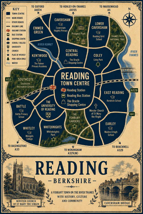 Vintage illustrated map poster of Reading, Berkshire, with a cream parchment background and dark navy neighbourhood areas centred on Reading Town Centre. The map shows labelled roads, railway line, Reading Station, Reading Bus Station, shopping centres, schools, university areas, churches, parks, green spaces and the River Thames and River Kennet. Surrounding areas include Caversham, Lower Caversham, Coley, East Reading, Earley, Whiteknights, Whitley, Battle, Southcote, Kentwood and Central Reading. Key landmarks include The Oracle Shopping Centre, the University of Reading, Minster Church of St Mary the Virgin, Kendrick School, Reading Girls’ School, Forbury Gardens, Prospect Park, Whiteknights Park, Southcote Recreation Ground and the Thames Path National Trail. A decorative lower panel reads “READING, BERKSHIRE” with engraved-style illustrations of Minster Church of St Mary the Virgin and Caversham Bridge, plus the subtitle “A vibrant town on the River Thames with history, culture and community.”