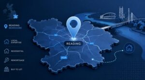Map-led mortgage illustration highlighting Reading, Berkshire, with location pins, local road routes and home finance icons for a Mortgage Broker in Reading.