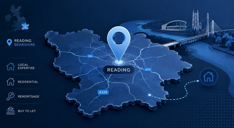 Map-led mortgage illustration highlighting Reading, Berkshire, with location pins, local road routes and home finance icons for a Mortgage Broker in Reading.