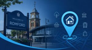 Mortgage Broker in Romford location guide featuring Romford town centre, station, clock tower and local property icons.