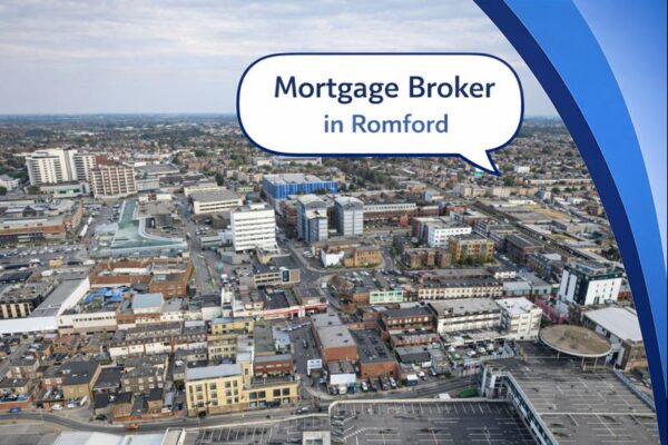 Mortgage Broker in Romford graphic showing an aerial view of Romford town centre with a mix of commercial buildings and residential areas, alongside Connect Mortgages branded blue curved design and the title displayed in a speech bubble.