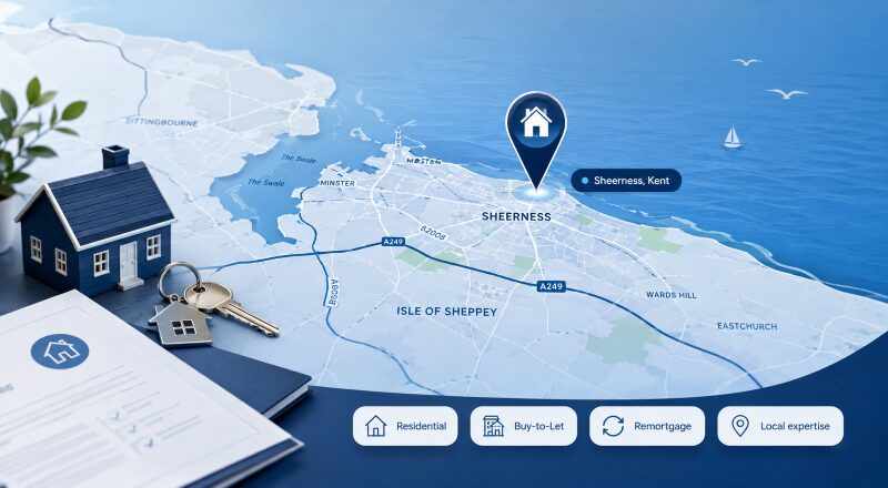Mortgage Broker in Sheerness location map with property, key and mortgage service icons in Connect’s blue branding.