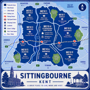 A square, blue-themed postcode map of Sittingbourne in Kent, styled with curved branded borders. The map highlights postcode areas ME10, including subdivisions such as ME10 1, ME10 2, ME10 3, ME10 4, ME10 5, ME10 6, ME10 7, ME10 8, and ME10 9. Major roads such as the A2, A249, A250, A251, and A276 are labelled. Sittingbourne town centre (ME10 4) is marked near the middle, with Sittingbourne Station indicated. Key landmarks such as The Forum Shopping Centre, Sittingbourne Town Hall, and local schools are shown. Nearby areas including Milton Regis, Kemsley, Murston, Borden, and Teynham are labelled. Green spaces such as Milton Creek Country Park, Borden Memorial Park, and Grove Park are shown in green, with the Swale estuary visible to the north. The design uses layered blue tones with white text and clean boundary lines for clarity.