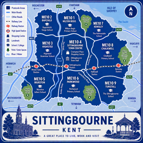 A square, blue-themed postcode map of Sittingbourne in Kent, styled with curved branded borders. The map highlights postcode areas ME10, including subdivisions such as ME10 1, ME10 2, ME10 3, ME10 4, ME10 5, ME10 6, ME10 7, ME10 8, and ME10 9. Major roads such as the A2, A249, A250, A251, and A276 are labelled. Sittingbourne town centre (ME10 4) is marked near the middle, with Sittingbourne Station indicated. Key landmarks such as The Forum Shopping Centre, Sittingbourne Town Hall, and local schools are shown. Nearby areas including Milton Regis, Kemsley, Murston, Borden, and Teynham are labelled. Green spaces such as Milton Creek Country Park, Borden Memorial Park, and Grove Park are shown in green, with the Swale estuary visible to the north. The design uses layered blue tones with white text and clean boundary lines for clarity.