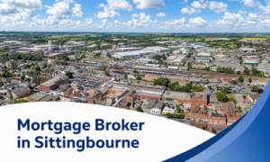 Mortgage Broker in Sittingbourne banner featuring a bright summer aerial view of the town centre, railway lines, commercial buildings, and surrounding countryside under realistic fluffy clouds, with a white curved text panel and blue wave graphics.