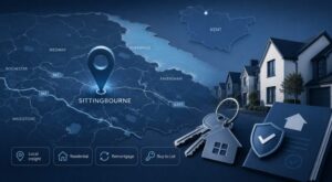 Mortgage Broker in Sittingbourne location map with property, key and mortgage icons in Connect Experts blue branding.